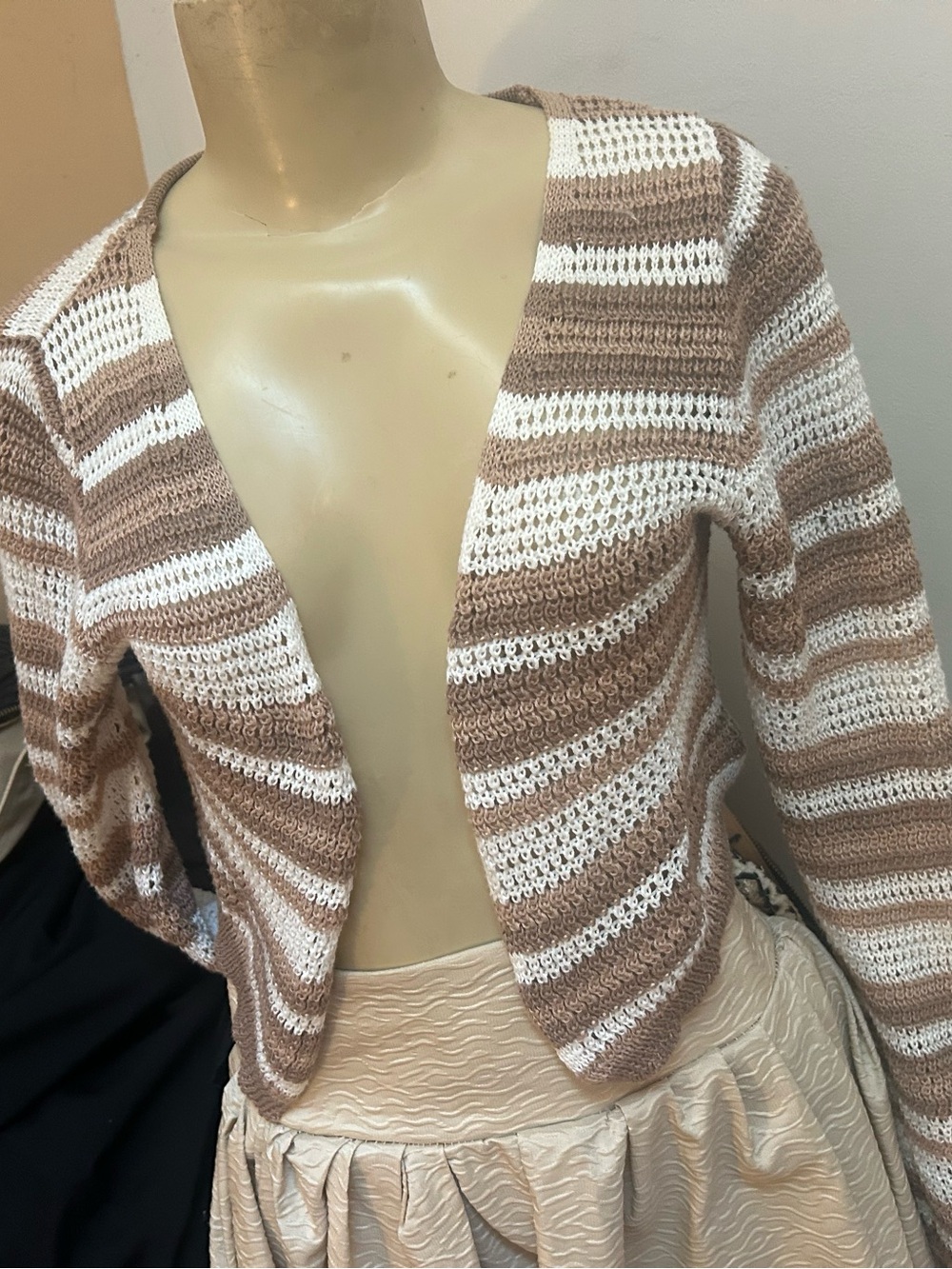 SHEIN White & Beige Striped Open-Front Knit Cardigan